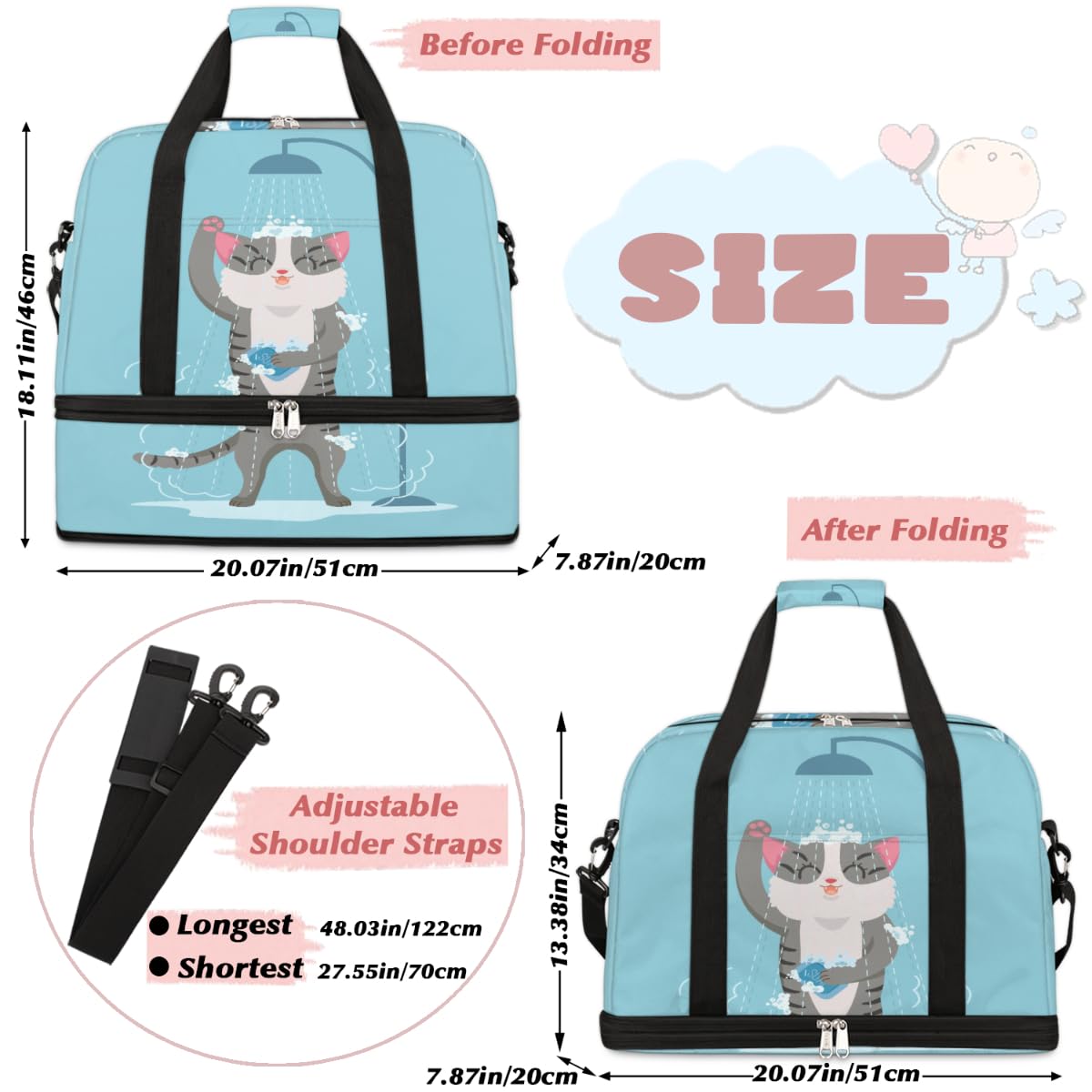 Bolsa de viaje plegable con diseño de gato divertido de 47 l, bolsa de fin de semana con funda de carrito húmeda, bolsa de hombro separada para deportes, gimnasio, viajes, multicolor, 47L, Bolsa de