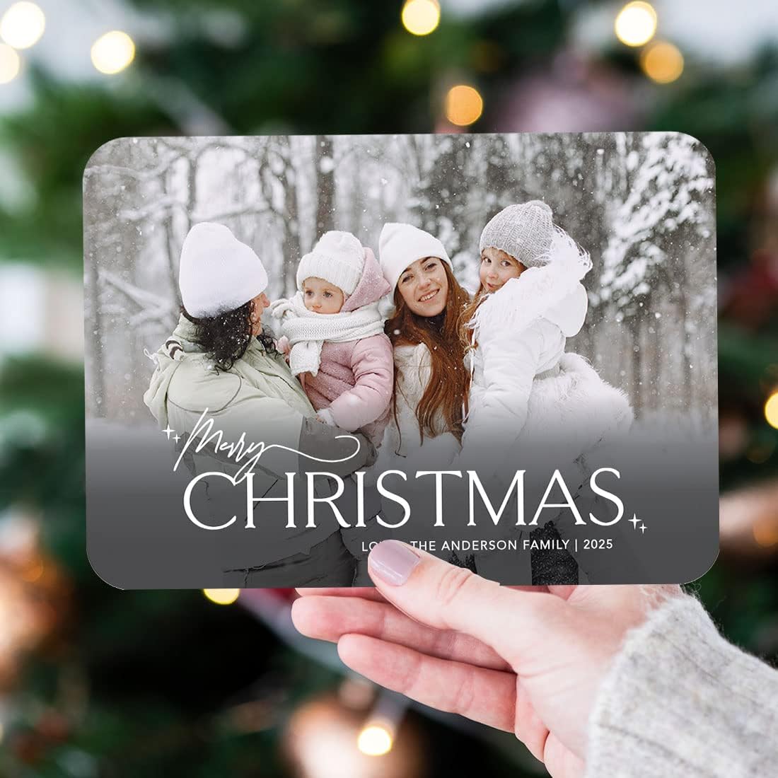 Andaz Press Personalized Photo Christmas Cards with Envelopes, 5x7-Inch Holiday Cards with Custom Photo, Name, Year, Stars Merry Christmas Photo Frame Greeting Cards for Family and Friends, 24-Pack