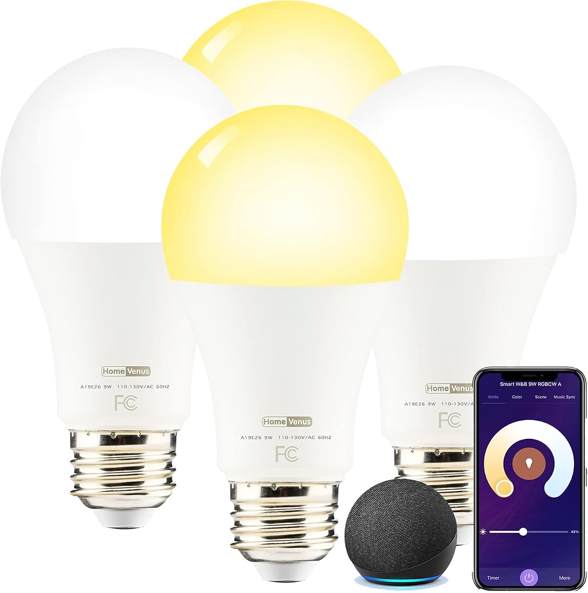 Homevenus Bombillas inteligentes HVS, 9 W, A19, E26, regulable, regulable, luz blanca fría y cálida, 2500 K-6500 K, control de aplicación, conexión de asistencia Bluetooth WiFi de 2,4 GHz, funciona con Alexa/Google Assistant, paquete de 4