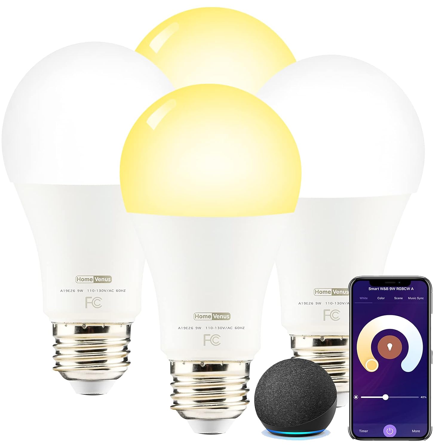 Homevenus HVS Smart Bulbs, 9W A19 E26 Dimmable Cool Warm White LED Bulb 2500k-6500k, APP Control 2.4GHz WiFi Bluetooth Hel... - Review, Price and Buying Guide