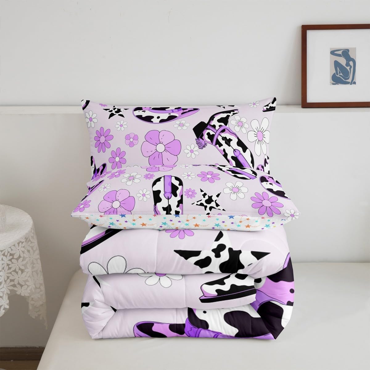 Erosebridal Purple Cowgirl Boot Hat Twin Bedding Set,Western Milk Cow Print Comforter Set for Girls Kids Room Decor,Groovy Flower Quilt Bed Set Rustic Country Farmhouse Down Comforter 2Pcs