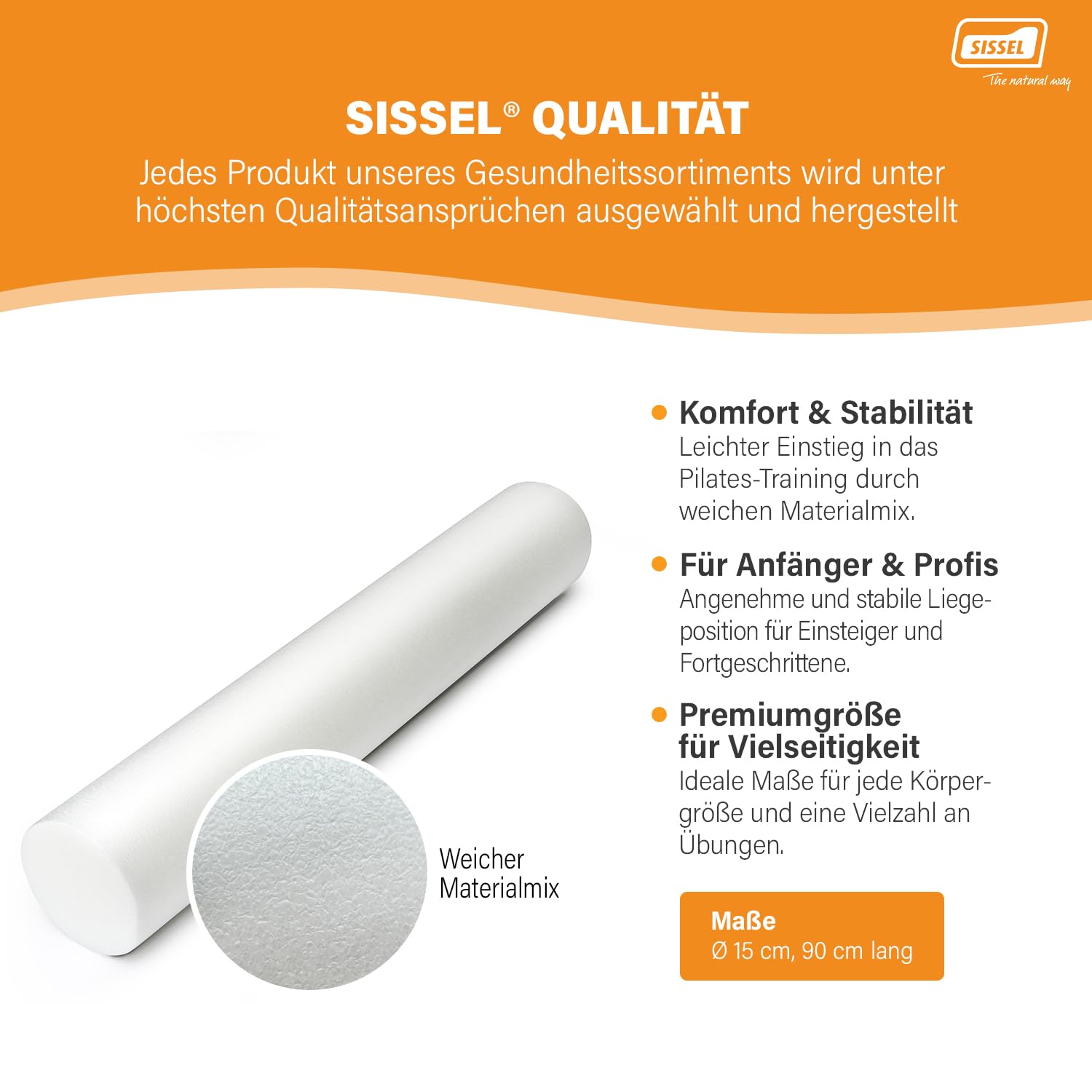 SISSEL Pilates Roller 90 cm Weiß | Foam Roller für Balance & Stabilität | Yoga Rolle & Pilates Zubehör für Core Training & Faszien | Rutschfest inkl. Übungsposter | Pilatesrolle | Yogarolle