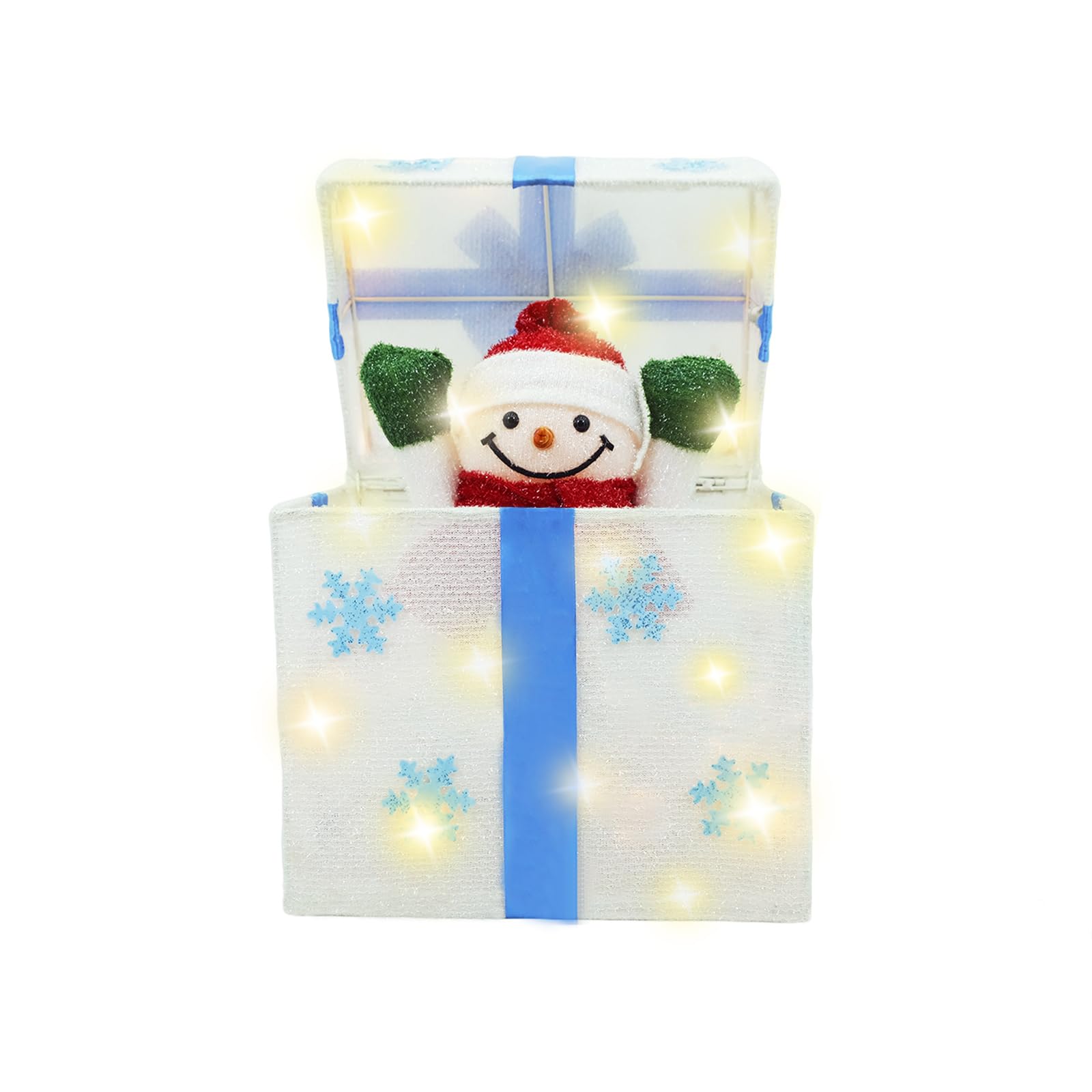 Boîte cadeau en forme de bonhomme de neige animé, blanc, boîte pop-up de Noël, boîte décorative en forme de flocon de neige, avec 20 lumières scintillantes, pour décoration de vacances