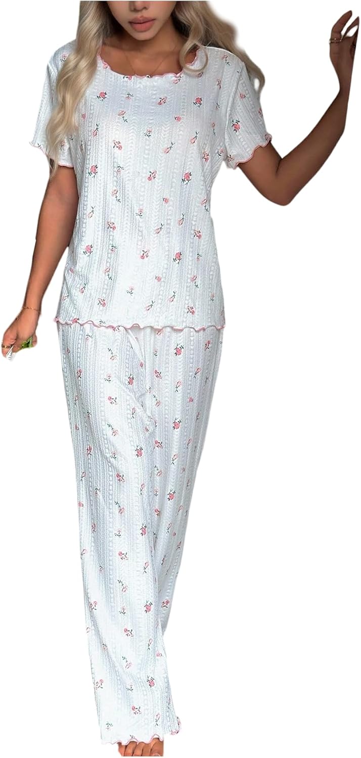 SHENHE Women's Two Piece Cute Pajama Sets Floral Lettuce Trim Tee Top with Pants Lounge Set Sleepwear