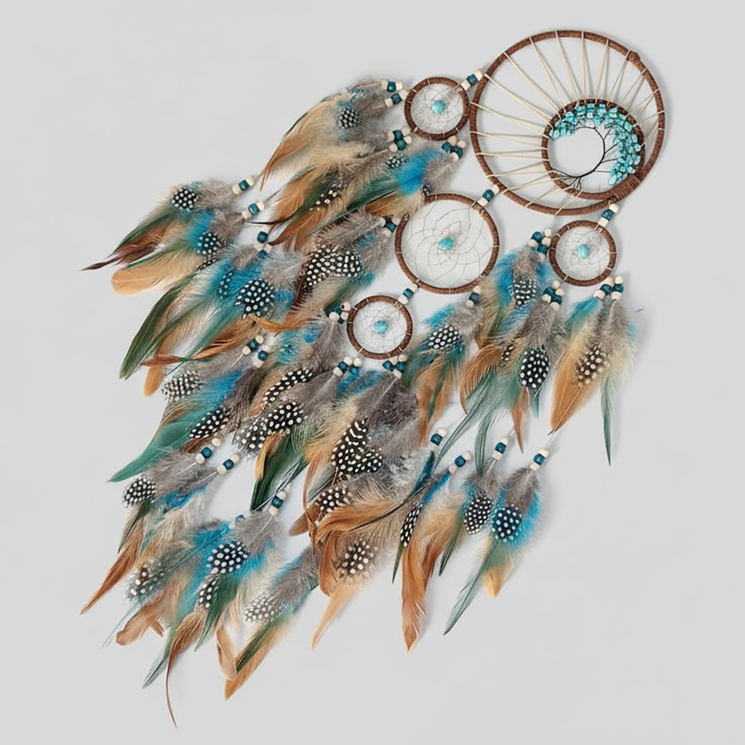 Handmade Large Dreamcatcher wall Decoration, a 5-Ring Bohemian Dreamcatcher with Turquoise Feathers, Bohemian-Style Room Decor, and a Gift for bedrooms and Nurseries.