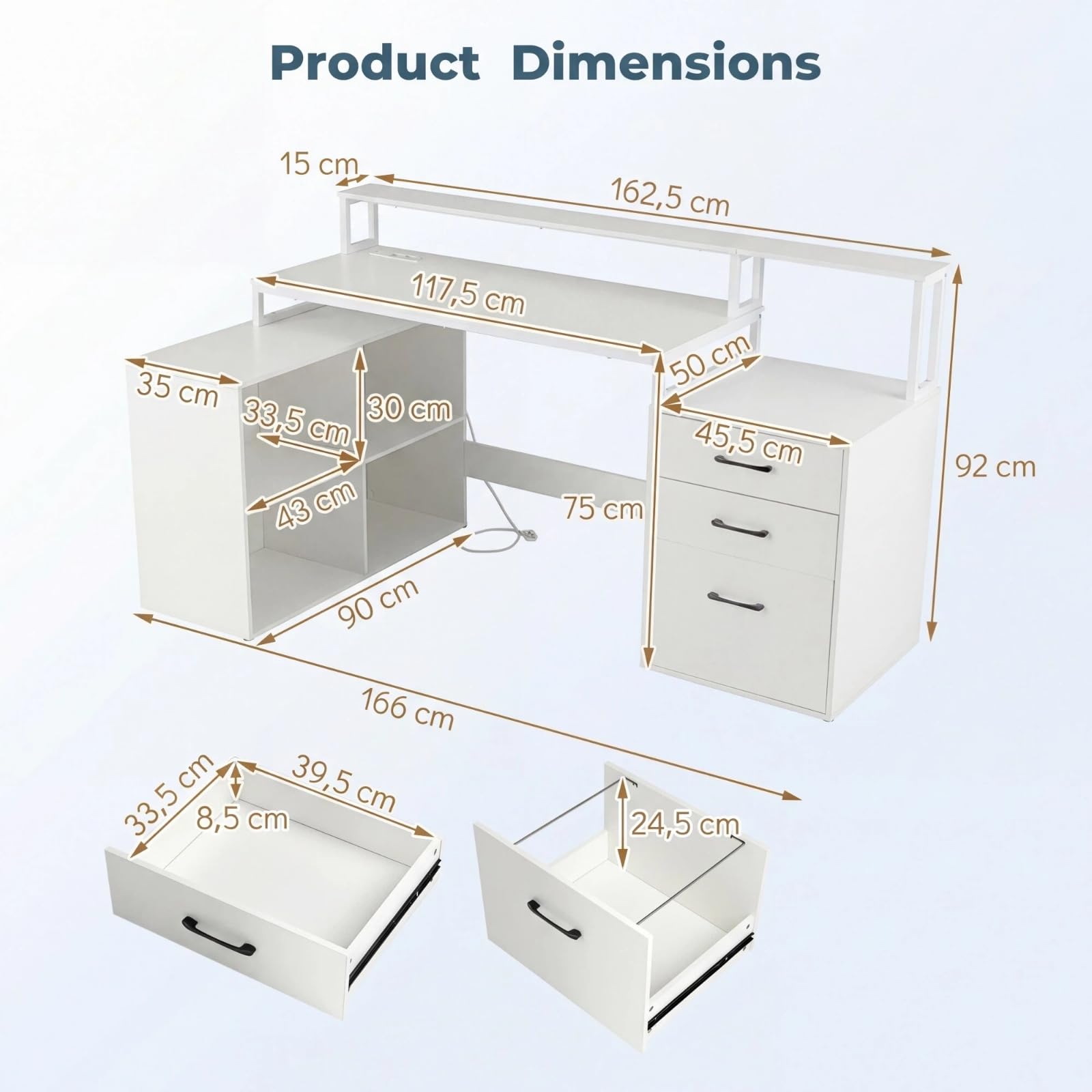 KOMFOTTEU L-förmiger Eckschreibtisch mit Ladestation, 166 x 90 cm, Gaming-Schreibtisch mit Schubladen, Computertisch und Platz für den Drucker, für Arbeitszimmer, Büro und Schlafzimmer, weiß