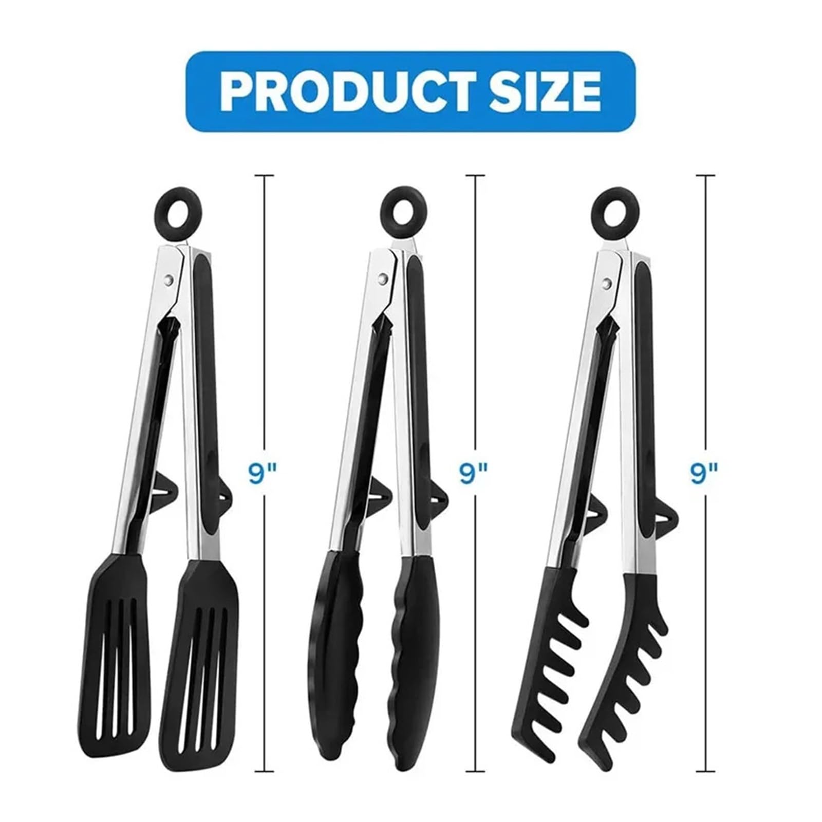 Juego de pinzas cocina silicona 3 uds., antideslizantes acero inoxidable for alimentos, herramientas for barbacoa y parrilla for ensaladas(86-Black-3pcs)