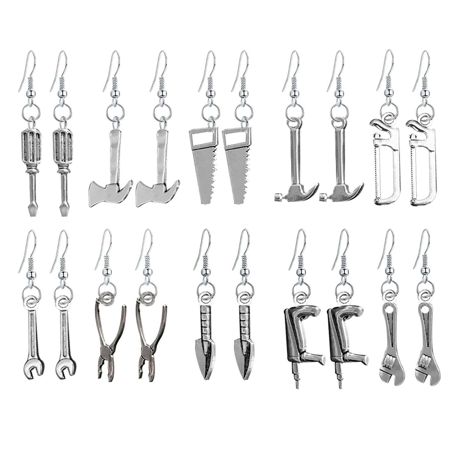 10 Pairs Funny Handmade Lightweight Cute Vintage Silver Tool Axe Wrench Dangle Drop Earrings Sets Funky Quirky Punk Spanner Earrings for Women