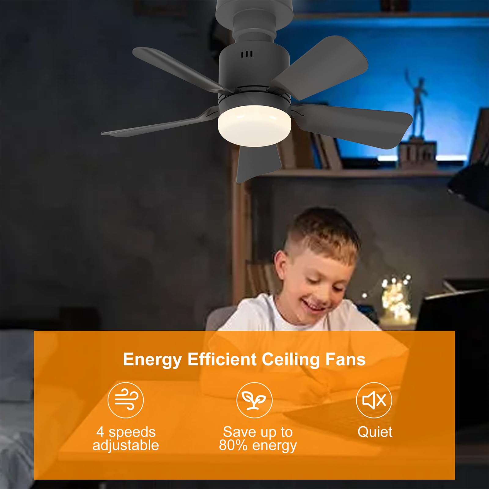 GEADI Ventilateur de Plafond avec Lumière LED Dimmable, Plafonnier à Visser pour Chambre avec Télécommande, 4 Vitesses et 3 Températures de Couleur Réglables, Douille E27, 45 cm Noir