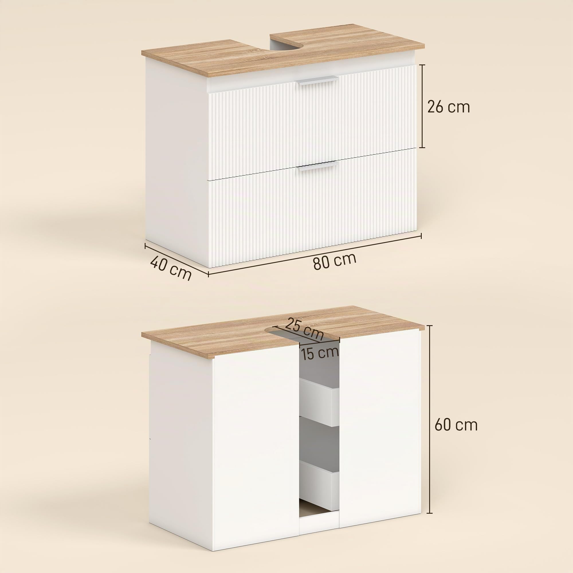 HOMCOM Waschbeckenunterschrank Zwei Schubladen 80x40x60cm Weiß+Natur