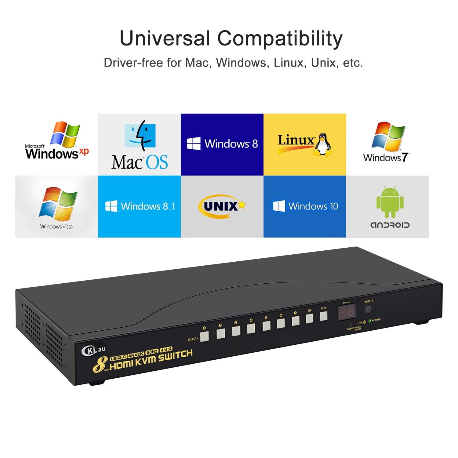 Commutateur KVM HDMI 8 ports USB 3.0 4K60 Hz avec audio, 2 concentrateurs USB 3.0 et câbles prenant en charge la commutation du clavier et de la souris
