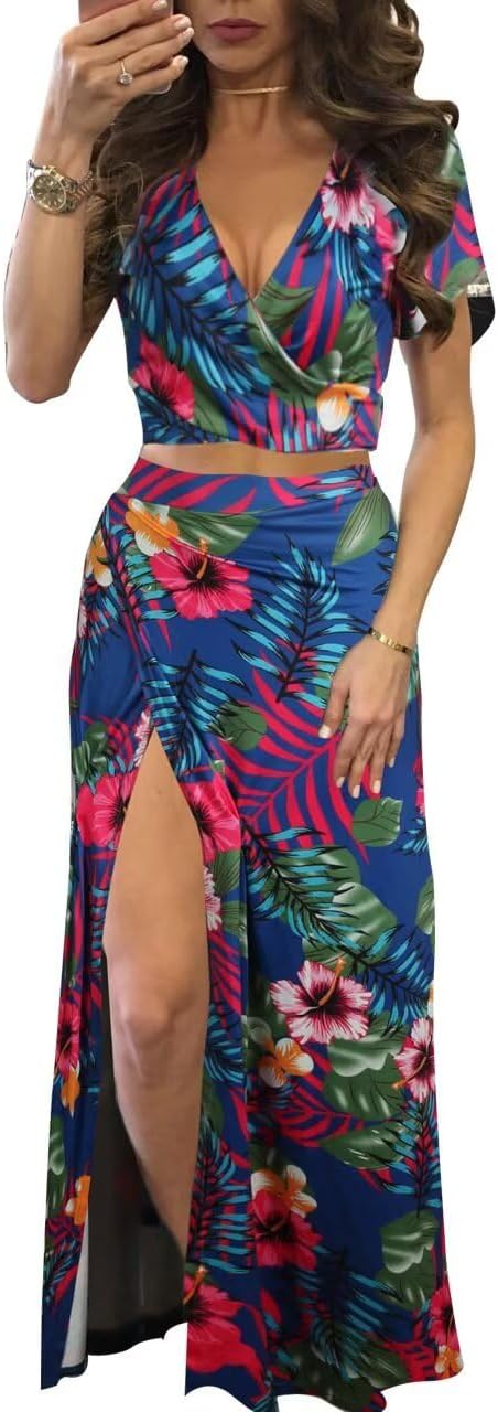 Womens Sexy 2 Piece Outfits Floral Print V Neck Crop Top and High Split Maxi Skirt Sets