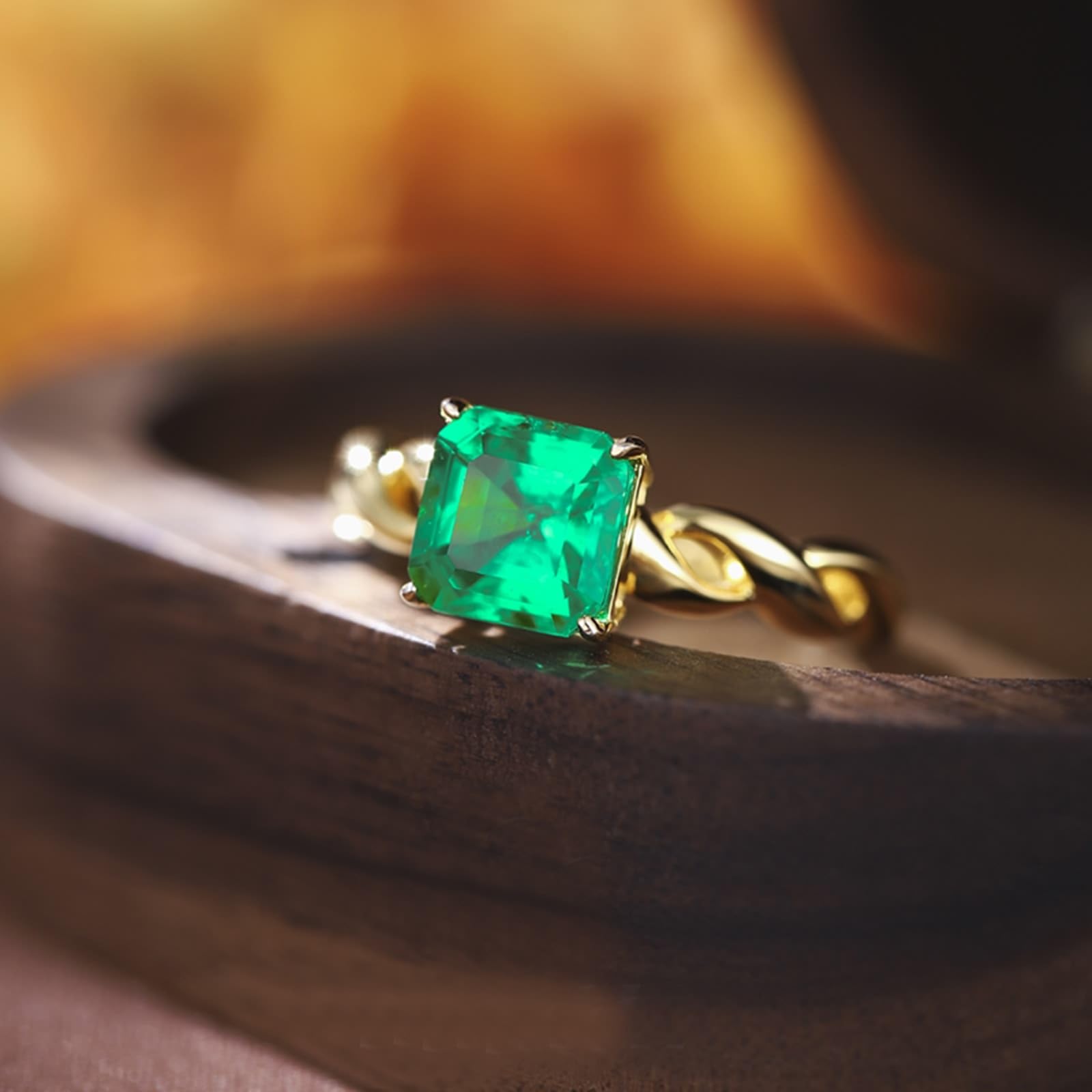 Bagues d'amitié - Or jaune 9 K/14 K/18 carats - Créées en laboratoire - Émeraude - 4 griffes - Alliances véritables Au 750/585/375 - Taille 47-70