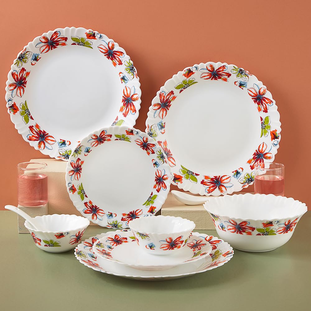 Silk Series Bali Opalware Dinner Set | 35 Pieces for Family of 6 | Microwave & Dishwasher Safe | Bone-Ash Free | Crockery Set for Dining & Gifting | Plates & Bowls | Floral Pattern