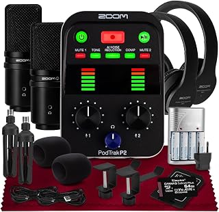 Zoom Podtrak P2 Portable Podcast Recorder, 2 USB Mic Inputs, AI Noise Reduction, 4-Track Recording, Tone & Comp Effects, Dual Headphone Outputs w/ 2 Sets Podcast Mic Pack and Headphone Hangers & More