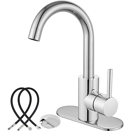 Bathroom Sink Faucet Polish Chrome Deck Mounted 1 Hole Single Handle Brass Mixer Tap Lavatory Include Pop Up Drain with Overflow Commercial with Cover Plate