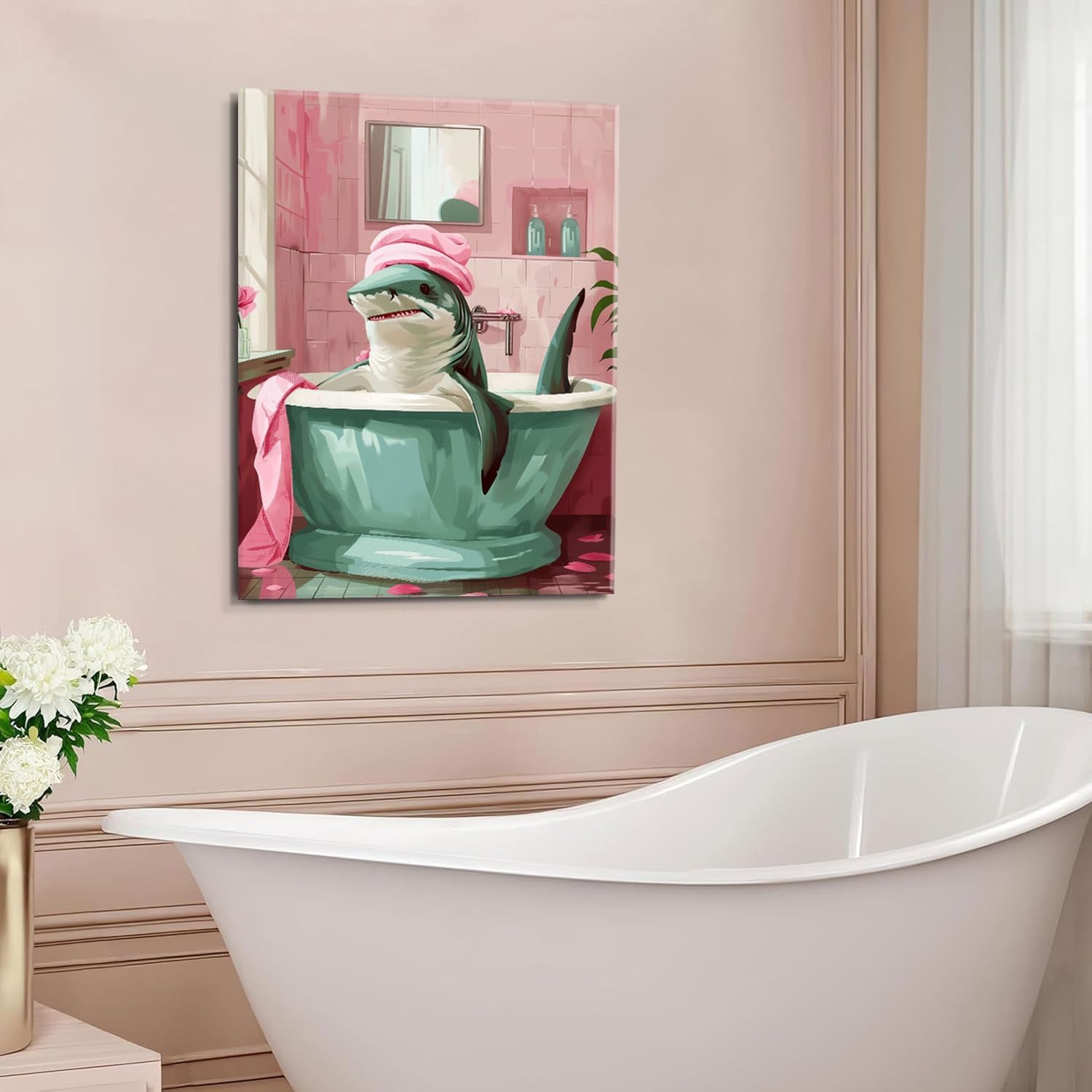 lkjhgf999 Funny Shark Bathroom Decor Canvas Wall Art Pink Bathroom Pictures Wall Decor Abstract Print Painting Home Decorations Canvas Prints Artwork for Bathroom Bedroom Living Room Office