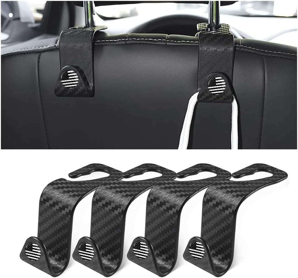 4PCS Car Seat Headrest Hooks, Auto Back Seat Hanger Holder, Durable Stylish Vehicle Organizer Universal Car Interior Accessories, Storage Hooks for Purses, Bags, Clothes, Coats (Carbon Fiber-Black)