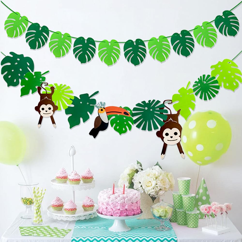 YunBey Lot De 2 Guirlandes Feuilles Tropicales En Feutre – Décoration Jungle Anniversaire Enfant, Fête Hawaïenne Ou Été – Feuilles & Animaux Mignons Pour Chambre Ou Jardin