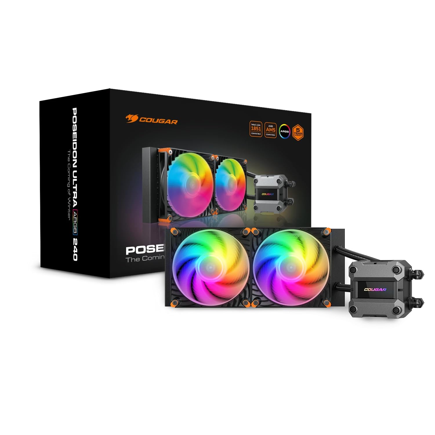 Cougar Poseidon Ultra ARGB 240 PC - Enfriador líquido para PC, flujo de aire óptimo, amortiguadores de esquinas, anillo estabilizador integrado, placa de refrigeración de cobre, compatible con los