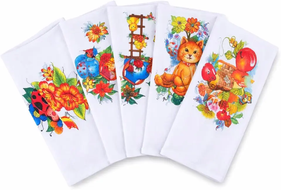 Kit 5 Panos De Prato/Copa Branco Com Estampas Sortidas 36x62cm Linha Premium