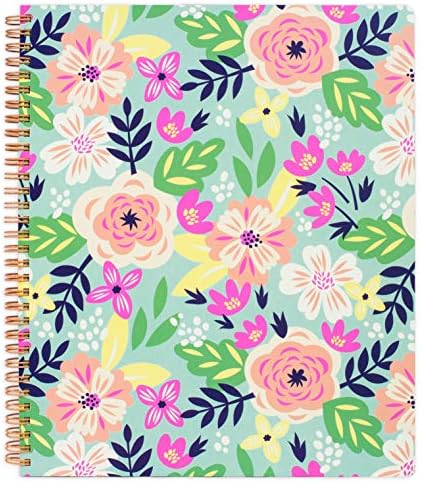 Steel Mill & Co Cute Large Spiral Notebook College Ruled, 11" x 9.5" with Durable Hardcover and 160 Lined Pages, Mint Floral