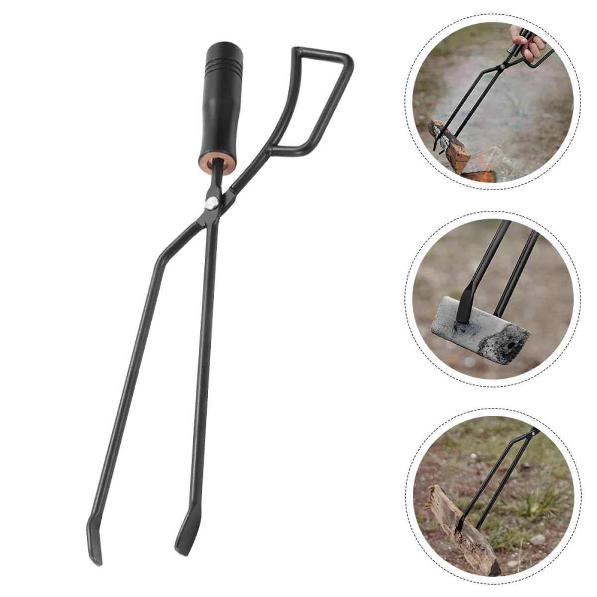 CALLARON Pinza per Carbone Lunga in Ferro e Legno per Barbecue, Resistente e Stabile, Risparmia Fatica, per Picnic e Attività All'aperto