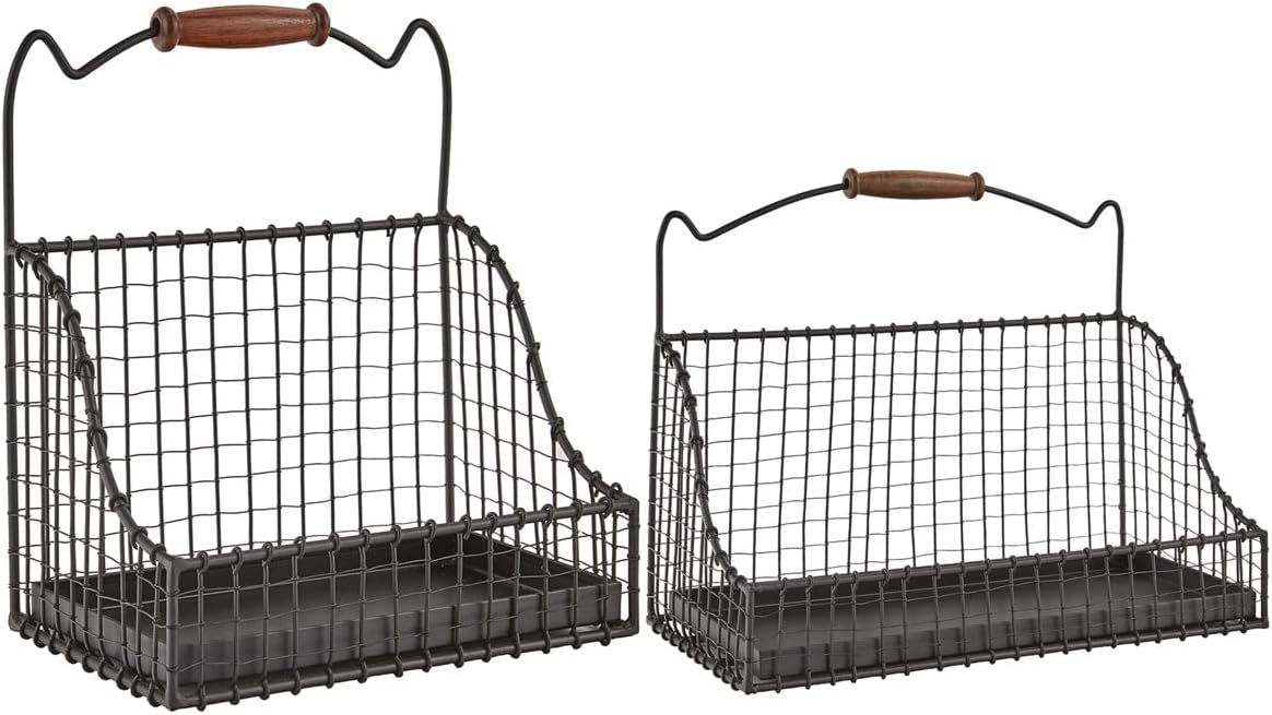 Hanging Wire Baskets - Set of 2 Iron Storage Bins with Wooden Handles, Large (12"W x 9"H x 6"D) and Small (8"W x 9"H x 5"D)
