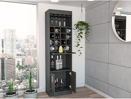 Miniatura 10 de Tuhome Armario de bar Kava, bandeja para servir oculta, dieciséis estante integrado para vino, un estante, puerta doble - roble mokey