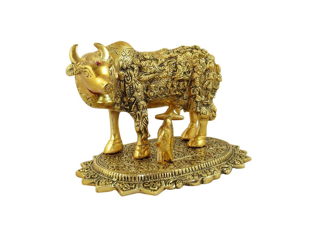 Vache et veau religieux hindous statue en métal blanc oxydé Aport-246