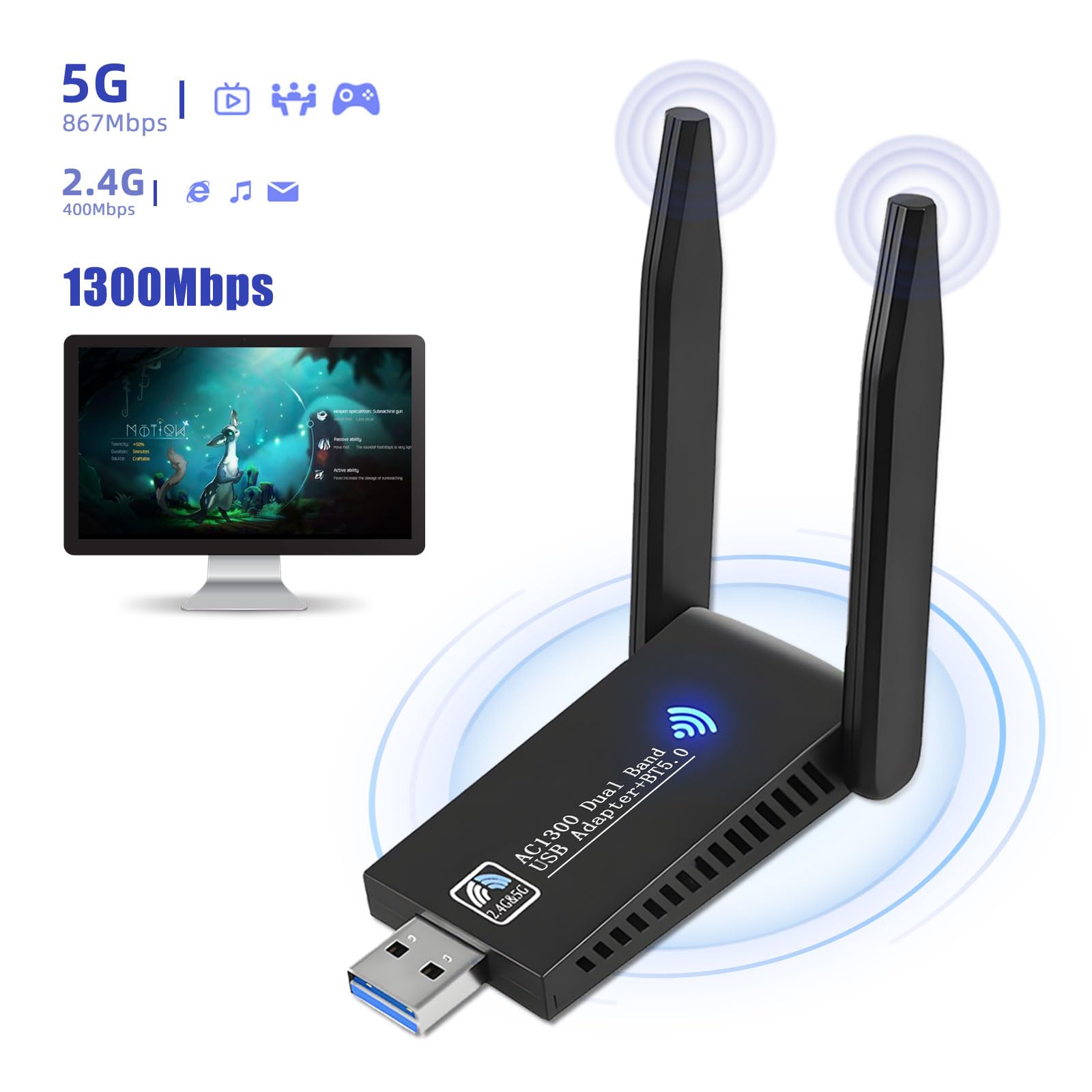 USB 3.0 Wireless WIFI Adapter 1300Mbps Long Range Dongle Dual Band Network Lot E - Foto 7