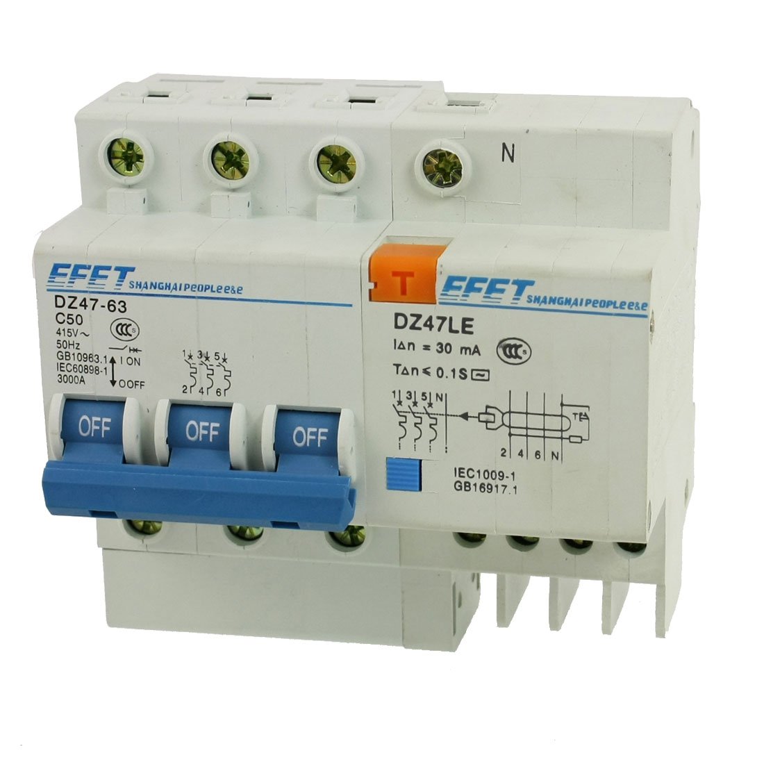 IEUMJNAT DZ47-63 C50 3P Miniature + DZ47LE -Professional - Leakage Circuit Breaker
