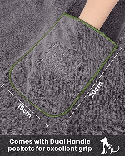 PETTOM Dog Towels 2 Pack Large Super Absorbent Microfibre Pet Towel with Hand Pockets Microfiber Dog Bath Towels Pet Drying Towel Fast Drying Super Soft, Grey and Green 130 x 75cm
