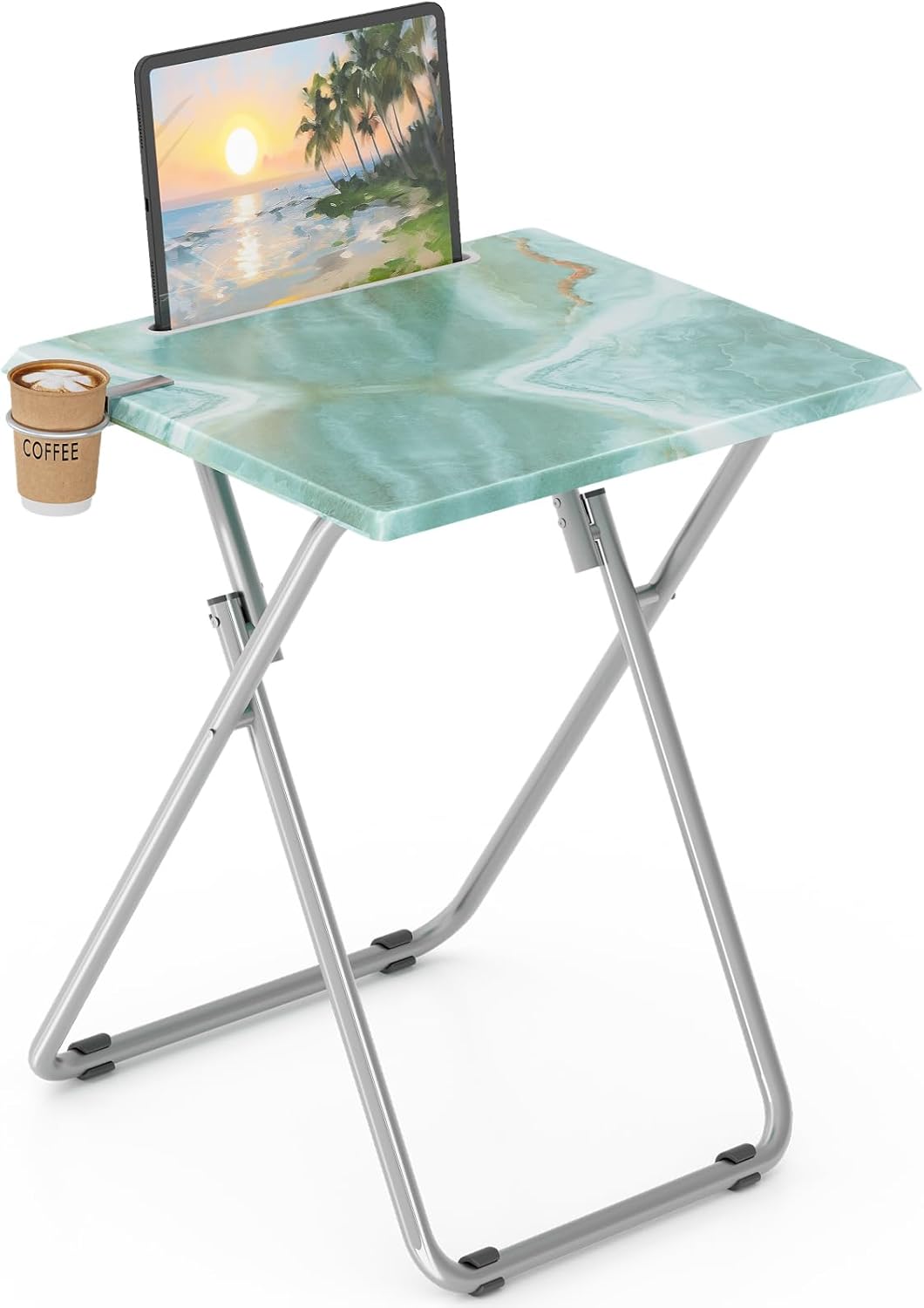 TV Tray Table, Folding Dinner Tray with Cup Holder Portable, Sturdy Foldable Snack Eating Table for Living Room, No Assembly Required, 15 x 18.9 x 25.6 in (Sea Blue Marble) Sea Blue 1PC