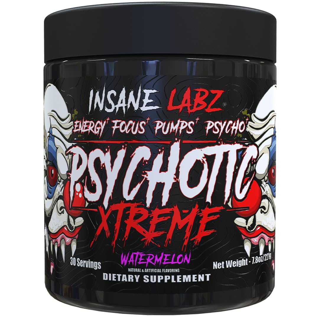 Insane Labz Psychotic Xtreme, High Stimulant Pre Workout Powder, Extreme Lasting Energy, Focus and Endurance with Beta Alanine, Panax Ginseng, Theobromine, DMAE (30 Servings, Watermelon)