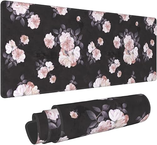 Alfombrilla de mouse floral para juegos de 315 × 118 pulgadas XL rosa peonía fondo negro extendida grande base de goma antideslizante alfombrilla de