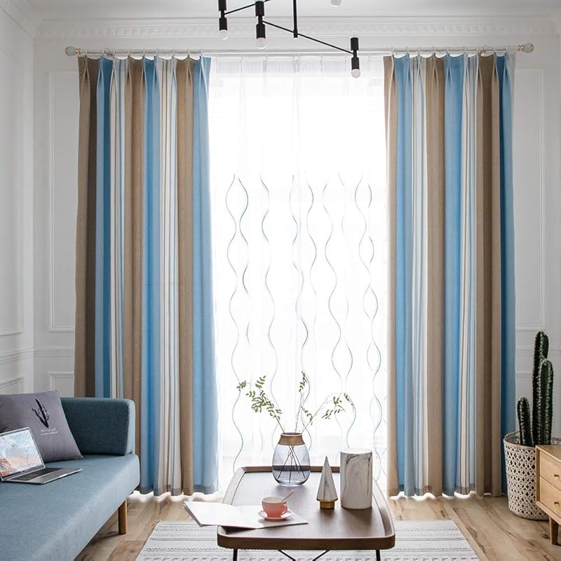 おしゃれ ブルーとグレー 縞模様遮光カーテン 遮熱 断熱 節電対策 ストライプ窓カーテン 目隠し人気 省エネ プライバシー保護 部屋を暗くする 子供部屋 カーテンドレープ リビングルーム ベッドルーム 窓装飾 取り外し簡単 1組2枚入り 幅150cm 丈0cm Bske8dtlcv