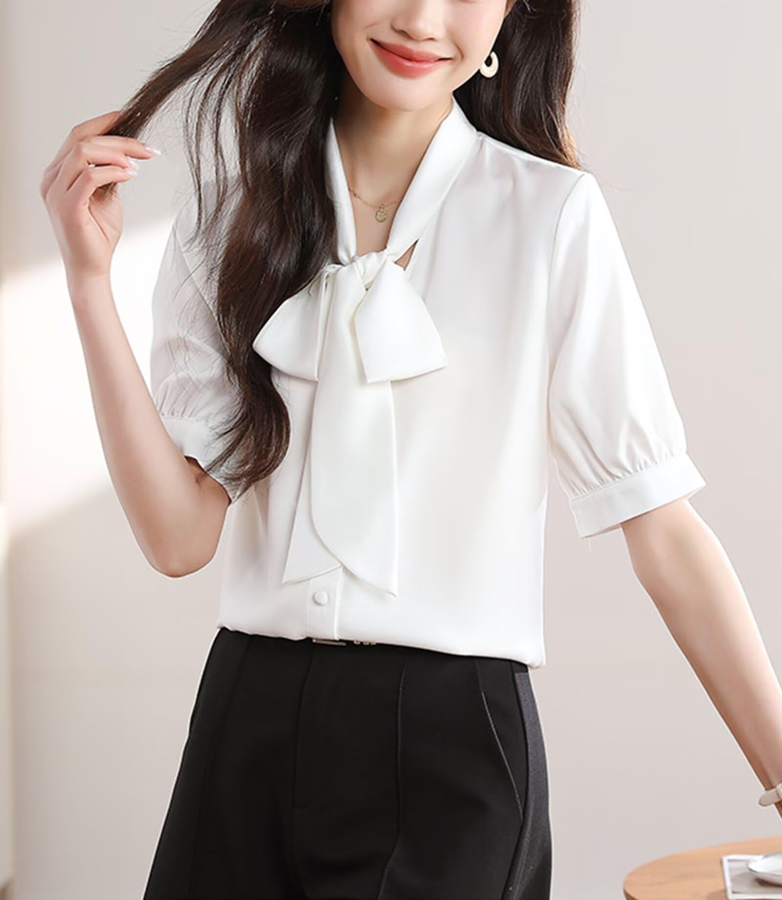 HNVAVQ Camicia Seta Donna con Fiocco Blusa Elegante Maniche Corte per Ufficio Lavoro