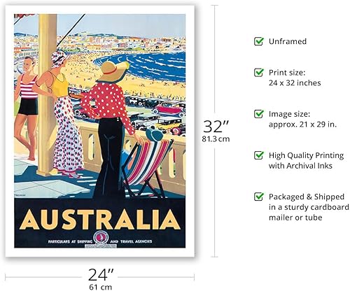 Miniatura 2 de Australia - Bondi Beach New South Wales - Póster de viaje vintage por Percy Trompf c.1929 - Impresión de papel de bambú de 10.23 ozm (sin marco) 24