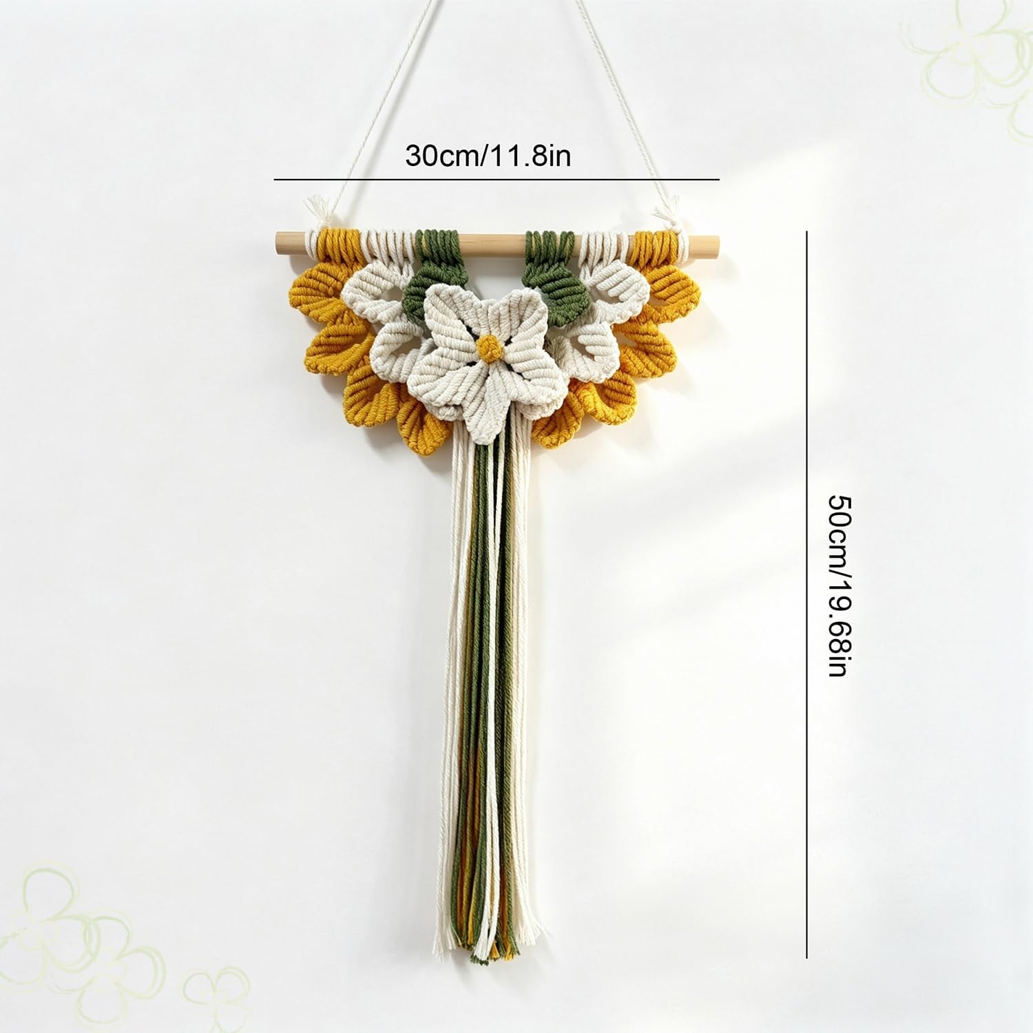 Macrame Flower Wall Hanging with Tassels Handmade Woven Tassel Decor Bohemian Yarn Decoration for Living Room Bedroom Headboard Office Nursery Apartment (Yellow)
