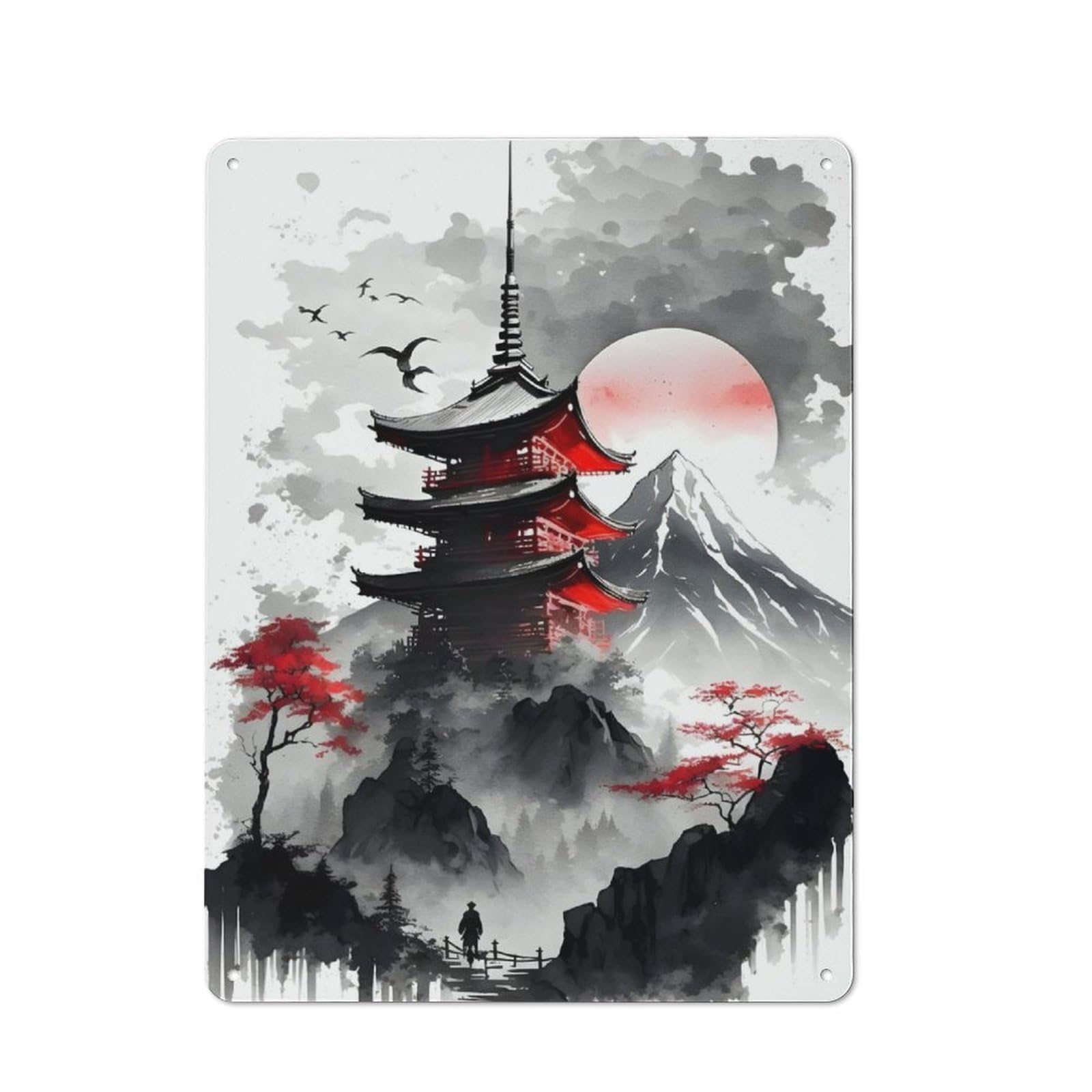 Junmoney Japanese Village Ink Wash Retro Metal Wall Sign 40X30cm With For Pub Or Café, A Housewarming Gift For Hospitality Wall Decor Collectors