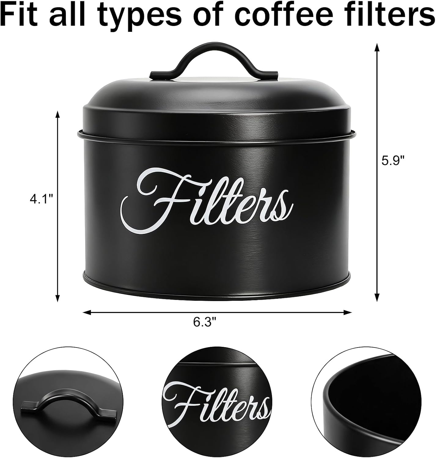 Coffee Filter Holder, Black Basket Coffee Filter Holder Storage Container with Lid, Round Metal Coffee Filters Dispenser for Counter, Rustic Coffee Bar Accessories Decor image 2