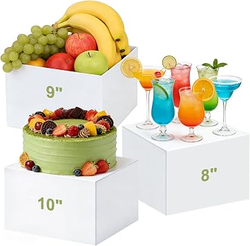 Acrylic Buffet Risers 3 Pcs 8x9x10 Inch Food Cake Display Riser w/ Signs a Pen Catering Dessert Jewelry Figures Rack Collectible Table Decor Fruit Bread Container Display Stand White Cube Showcase Box