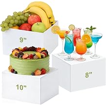 Acrylic Buffet Risers 3 Pcs 8x9x10 Inch Food Cake Display Riser w/ Signs a Pen Catering Dessert Jewelry Figures Rack Collectible Table Decor Fruit Bread Container Display Stand White Cube Showcase Box