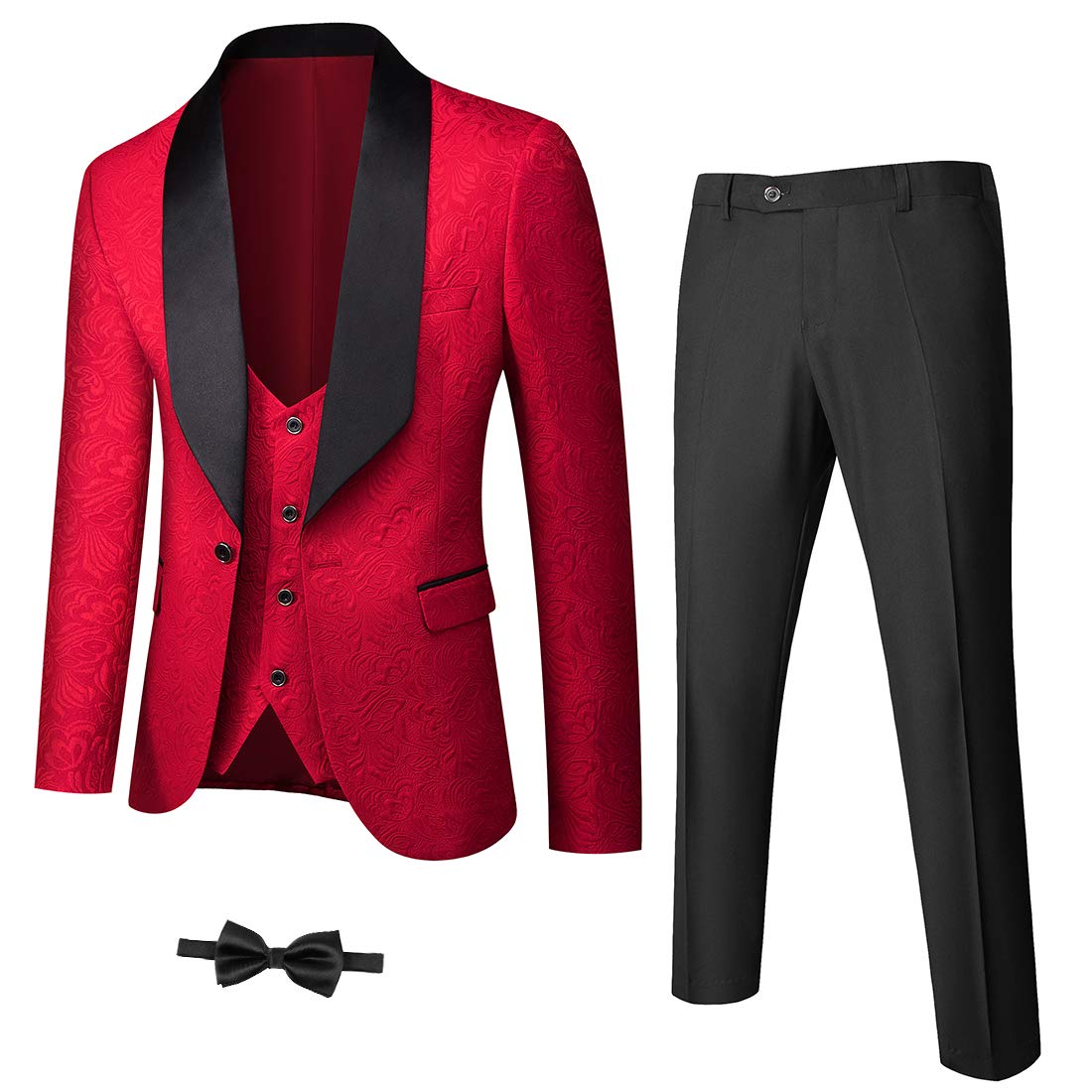 YNDMen's 3 Piece Luxury Tuxedo Set, Jacquard Slim Fit Shawl Lapel Jacket Vest & Pants with Bow Tie, Premium Tuxedo for MenGlobal Recycled StandardGlobal Recycled StandardGlobal Recycled Standard