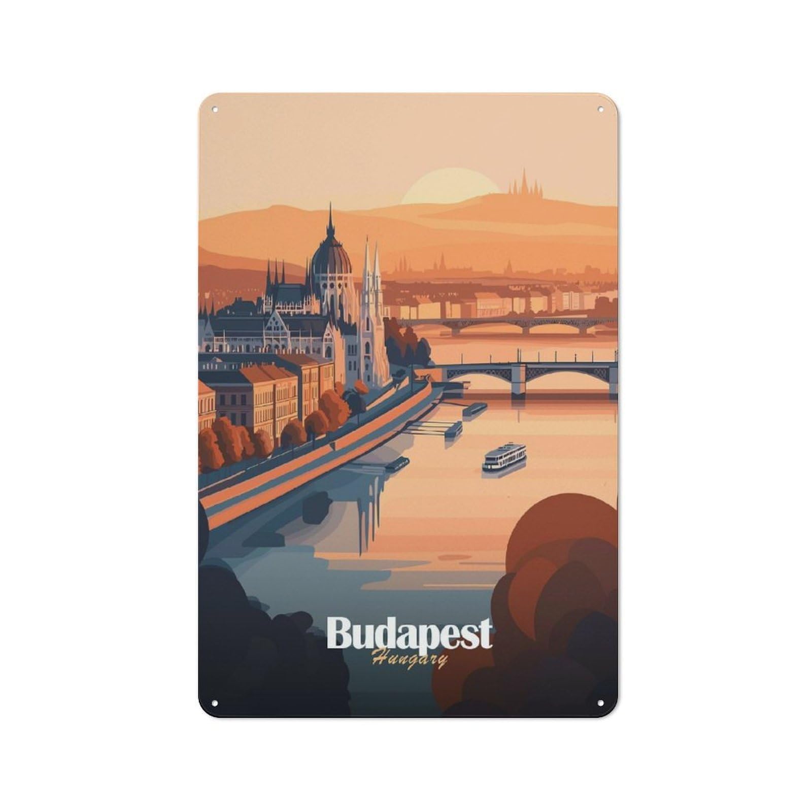 Budapest Cityscape Sunset Cottage Style Metal Wall Decor 30x20cm, Tin Wall Plaque for Kitchen, Cottage, Porch Or Garden Room