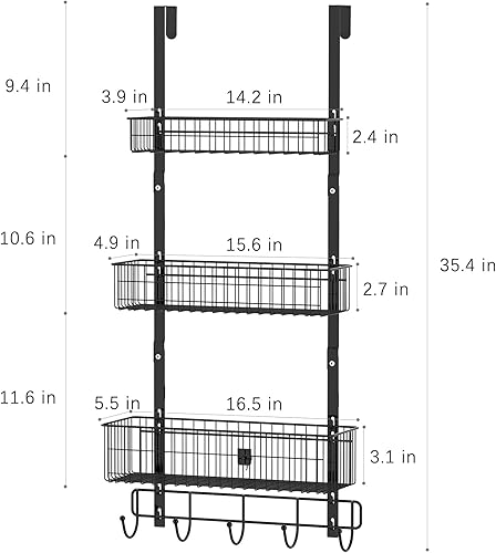 Miniatura 2 de CADUKE Organizador negro sobre la puerta con cesta de almacenamiento para puerta de baño, estante de almacenamiento para puerta de baño, con 5