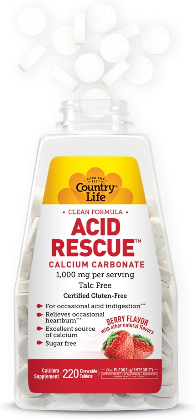Country Life Acid Rescue Chewable Tablets - Certified Vegan & Gluten-Free Heartburn Relief, 400mg Calcium & Magnesium, Non-GMO, Sugar-Free Mint Flavor, Supports Bone Health, 220 Count