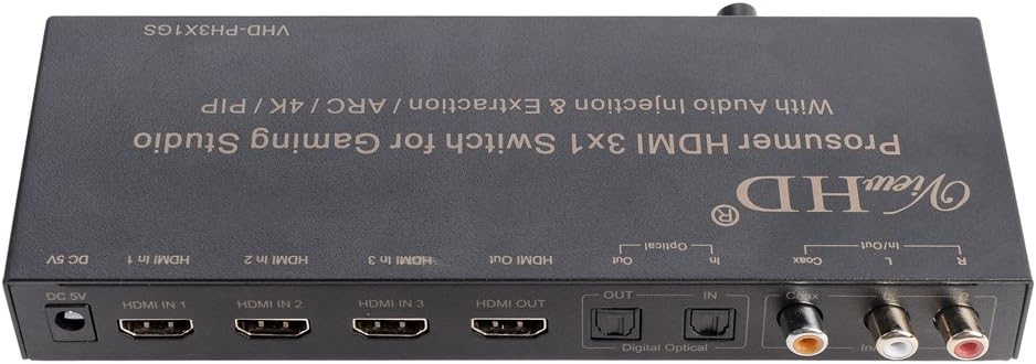 ViewHD Prosumer HDMI 3x1 Switch | 4K@30Hz HDMI v1.4 | MIC Audio Injection/Combiner | HDMI Audio Extractor | Optical/Coax/RCA L/R to HDMI Audio| ARC | Model: VHD-PH3X1GS
