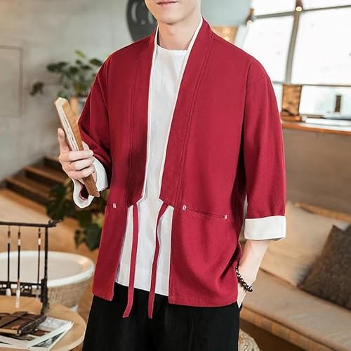 Cardigã masculino quimono japonês algodão linho camisa masculina fantasia samurai jaqueta masculina